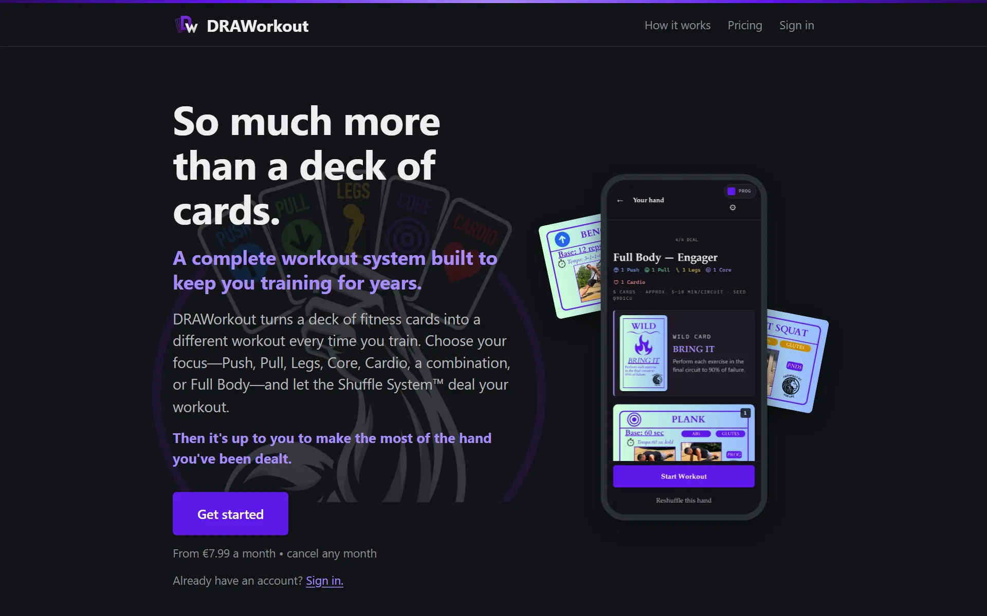 DRAWorkout homepage showing the card-based workout system with exercise cards and the mobile workout view